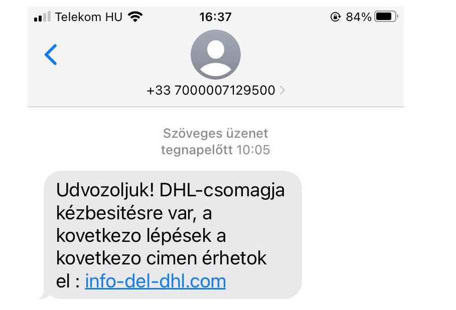 Adathalász SMS példa
