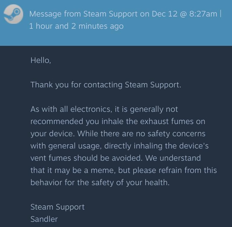 A Steam Deck Support üzenete